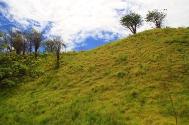 Mavi gökyüzünü kaplayan bulutlu çimlerle kaplı yeşil tepelerin manzaralı bir görüntüsü.