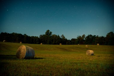 Yıldızlı bir gecede yuvarlak balyalarla dolu bir tarla