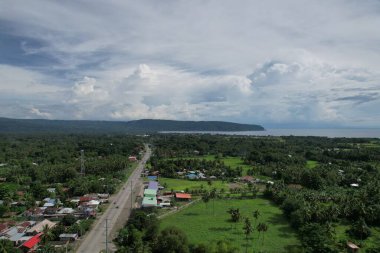 Deniz kenarında bulutlu bir gökyüzünün altında çeşitli ağaçlarla çevrili güzel bir manzaranın drone görüntüsü.