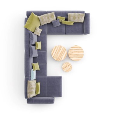 Beyaz arka planda izole edilmiş bir köşedeki kanepenin üst görünümü