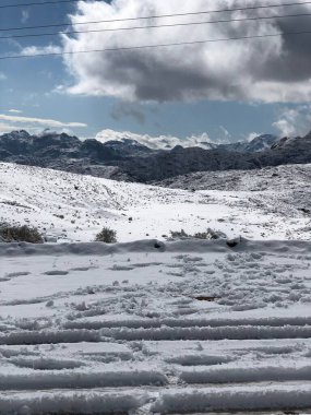 Dağlardaki karlı bir arazinin dikey görüntüsü.