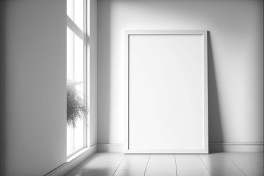 Duvara dayalı beyaz boş bir çerçevenin yapay zeka tarafından oluşturulmuş bir çizimi.