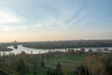 Güneşli bir günde, ormanın yakınındaki gölün güzel manzarası.