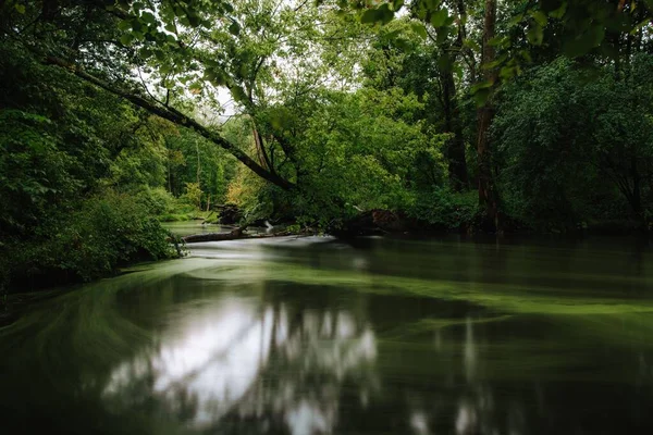 Uma Longa Exposição Tiro Rio Calmo Cercado Pela Densa Floresta — Fotografia de Stock