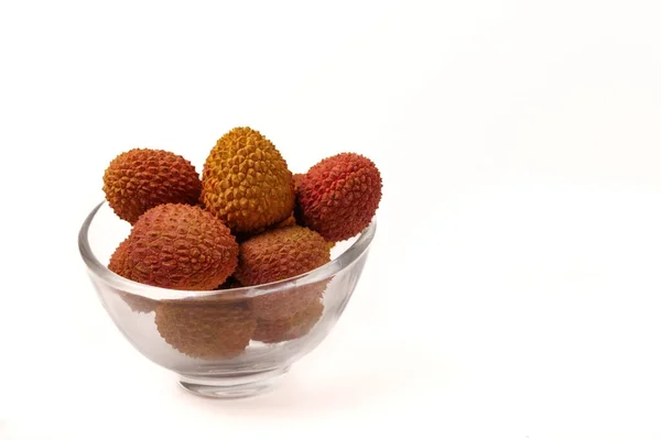 Fresh Lychees Clear Glass Bowl Isolated White Background —  Fotos de Stock