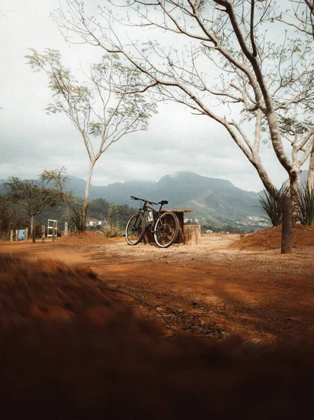 Eine Vertikale Aufnahme Eines Fahrrads Neben Einem Holztisch Mit Bergen — Stockfoto