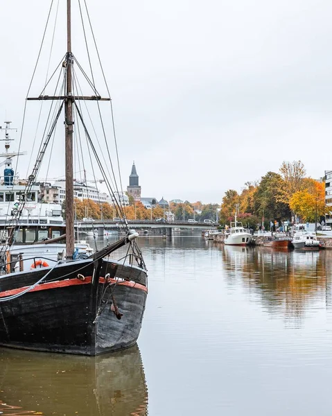 Aura River View Ships Fall Foliage Autumn Turku Finland — Stock Photo, Image