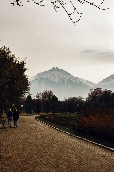 Вертикальний Постріл Громадським Парком Проти Гори Алмати Казахстан — стокове фото