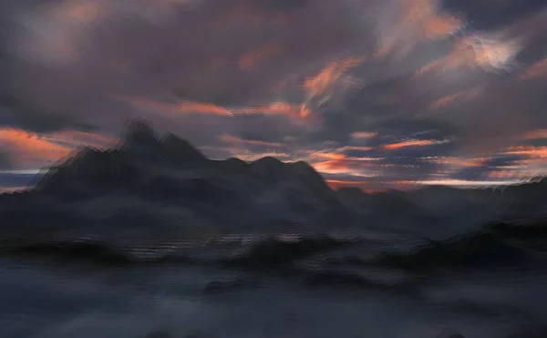 暗い雲の下の岩の山のデジタルイラストがぼやけた動きで日没時に — ストック写真