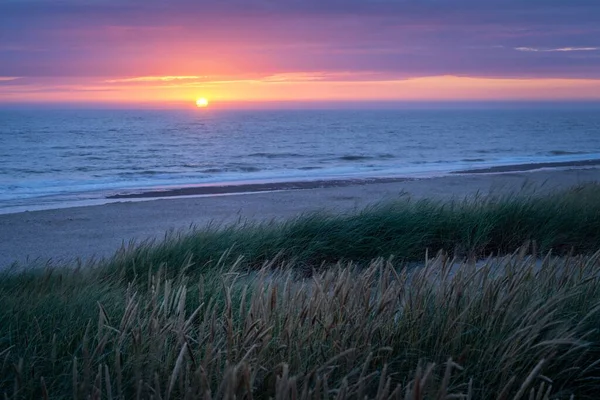Danimarka Kuzey Denizi Nde Gün Batımının Manzarası Önünde Kum Tepecikleri — Stok fotoğraf