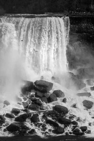 Вертикальний Сірий Знімок Білого Пінистого Водоспаду Тече Вниз Скелястому Пагорбу — стокове фото