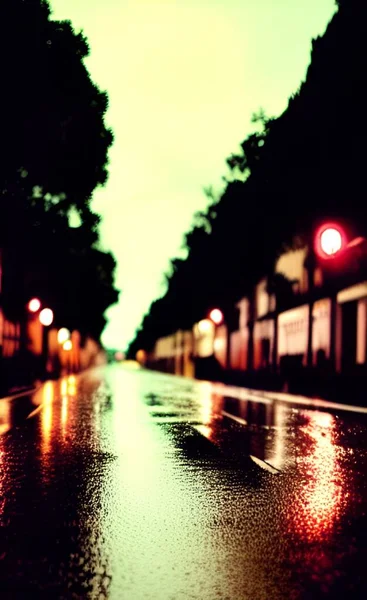 Geceleri Yağmur Suyuyla Kaplı Bir Caddenin Dikey Yakın Çekimi — Stok fotoğraf