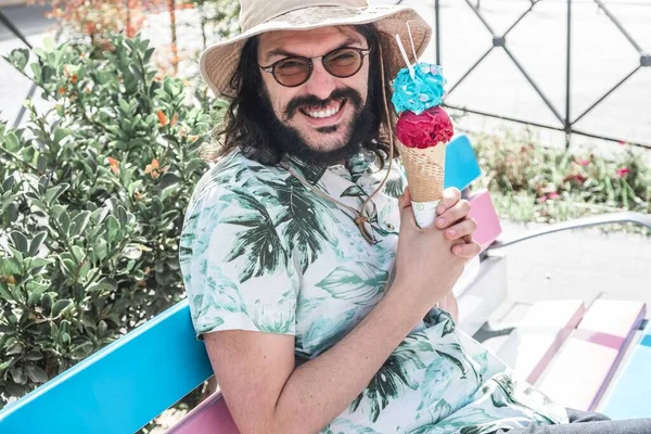 Happy Male Long Hair Beard Sunglasses Hat Holding Melting Ice — Stock Photo, Image