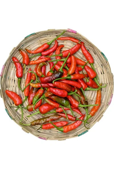 Vertical Shot Fresh Chili Peppers Basket Isolated White Background — Stock Photo, Image