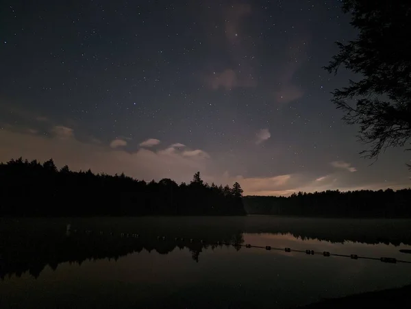 Una Vista Panorámica Del Denso Bosque Que Refleja Tranquilo Lago —  Fotos de Stock