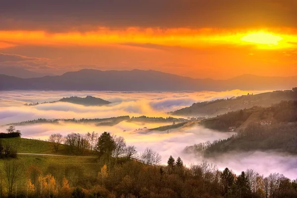 Een Prachtig Landschap Van Bossen Bergen Een Mistige Zonsondergang — Stockfoto