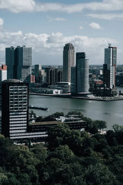 ロッテルダムの垂直方向の街並み 曇り空の沿岸都市の建物のスカイライン オランダ — ストック写真