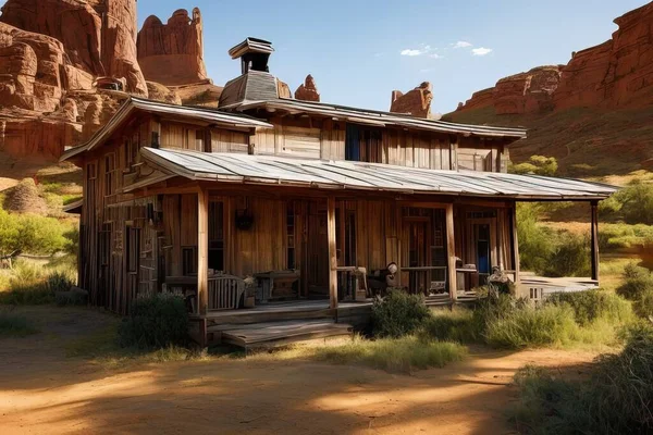 Illustration Générée Par Une Maison Bois Contre Les Montagnes Rocheuses — Photo