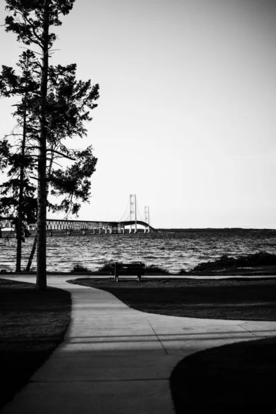 公园的垂直灰度照片 背景是麦基纳茨大桥 美国密歇根 — 图库照片