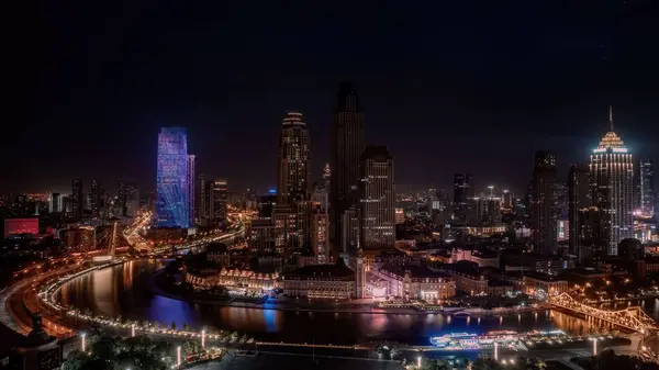 Flygbild Stadsbilden Natten — Stockfoto