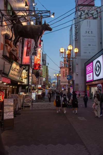 Éjszakai Élet Egy Zsúfolt Utcán Osaka Neon Fények Egy Sertés — Stock Fotó