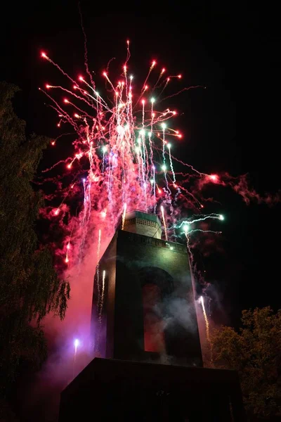 Vertical Shot Fireworks Bismarck Tower Burg Germany — Stock Photo, Image