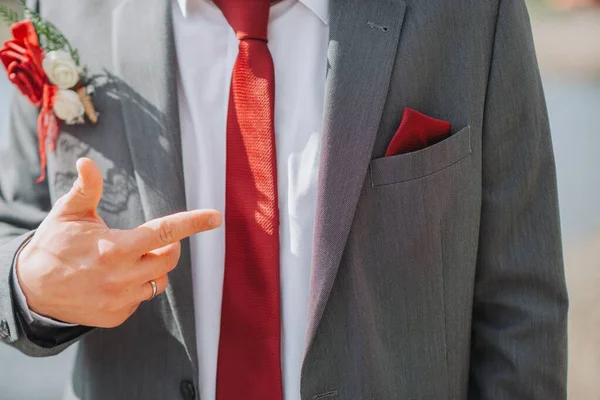 婚礼当天 新郎穿着灰色西装 打着红色领带 沐浴在阳光下的特写镜头 — 图库照片