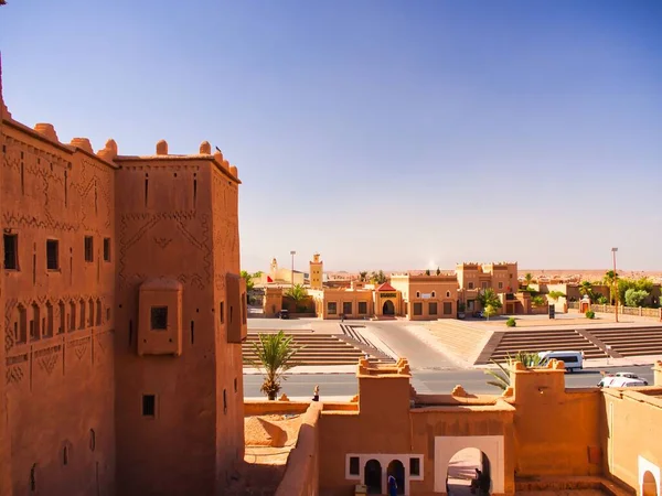 Närbild Skott Taourirt Kasbah Mot Blå Himmel Ouarzazate Marocko — Stockfoto