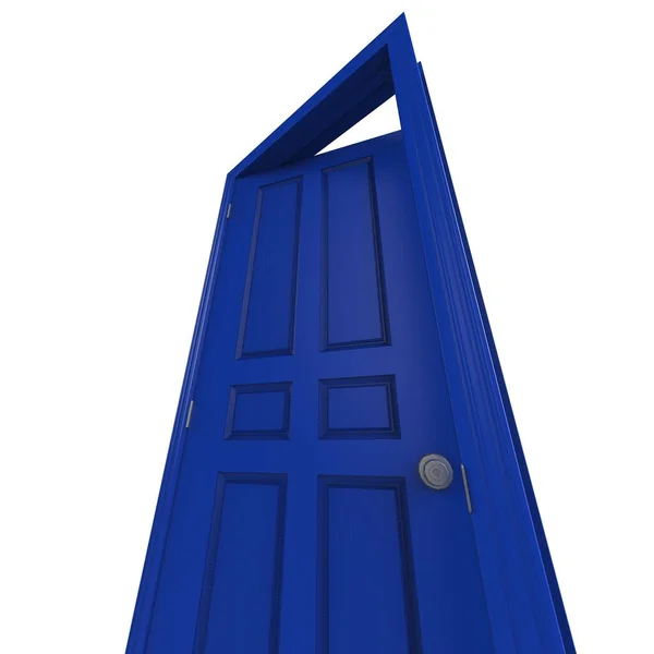 青いオープン隔離された屋内ドアは3Dイラストレンダリングを閉じました — ストック写真