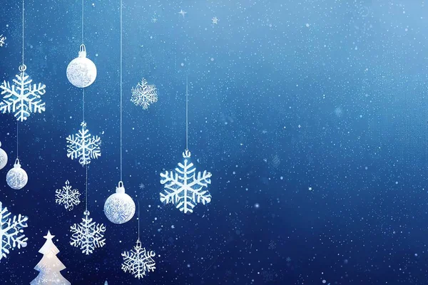 Blue Christmas Background Greeting Card White Tree Decorations Snowflakes Season — Stock Photo, Image