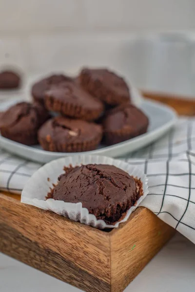 Closeup Baked Chocolate Muffins White Plate — Stock Photo, Image