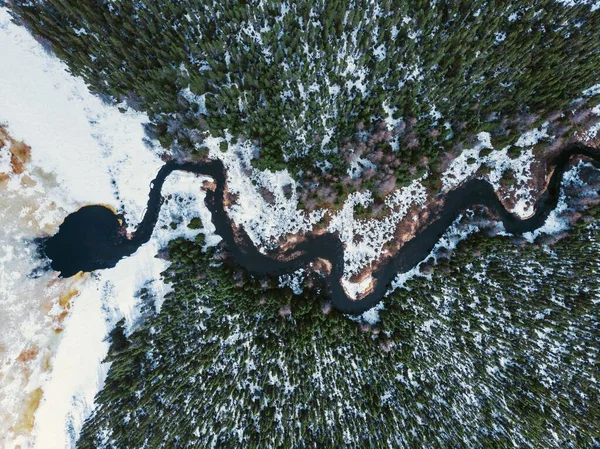 Luftaufnahme Eines Flusses Zwischen Bäumen Einem Verschneiten Feld Quebec Kanada — Stockfoto
