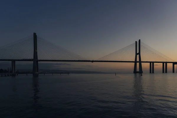 Most Vasco Gama Wschodzie Słońca Parque Das Nacoes Lizbona Portugalia — Zdjęcie stockowe