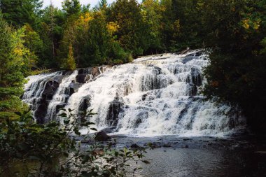 Bond Falls 'un güzel manzarası yemyeşil ağaçların arka planında. Michigan, ABD.