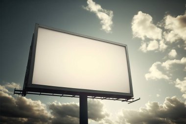Bulutlu gökyüzüne karşı kopyalama alanı olan beyaz bir reklam panosunun yapay zeka tarafından oluşturulmuş bir çizimi