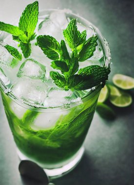 Bulanık arka planda dilimlenmiş limon dilimli bir bardak dolusu mojito kokteyli.