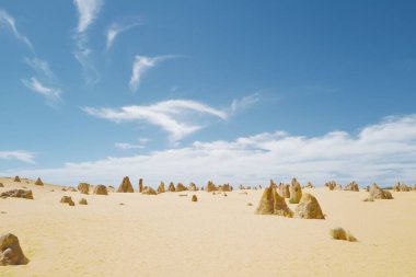 Batı Avustralya 'nın Pinnacles çölünde mavi bulutlu gökyüzünün altında kumtaşı oluşumunun manzaralı bir görüntüsü.