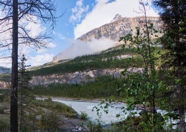 Arka planda dağ manzaralı güzel bir nehir manzarası.