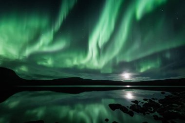 Laponya, Finlandiya 'daki Kuzey ışıkları veya Aurora Borealis' in nefes kesici manzarası