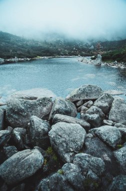 Ormanda akan mavi bir nehrin dikey görüntüsü. Ön planda bir yığın kaya var.