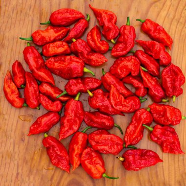 Ahşap bir tahtanın üzerinde kurutulmuş kırmızı hayalet biberlerin yakın plan çekimi.