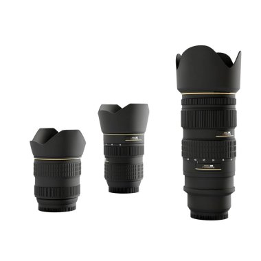 Beyaz arkaplanda izole edilmiş bir kamera merceğinin üç boyutlu görüntüsü