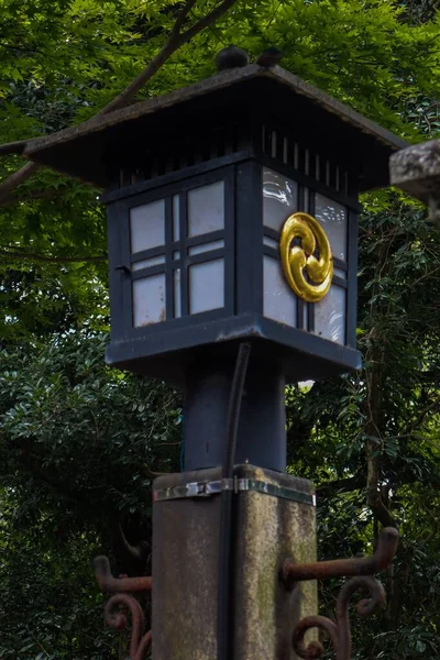 Tiro Vertical Uma Lanterna Rua Parque Com Árvores Fundo — Fotografia de Stock