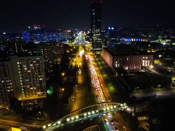 Aerial Shot Roads Middle City Buildings Night Katowice Poland — Stock Photo, Image