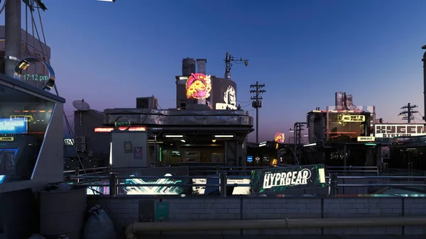 Günbatımında Modern Binaları Olan Fütürist Bir Siber Punk Şehrinin Boyutlu — Stok fotoğraf