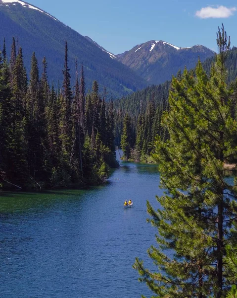 背景に山のある緑の木々に囲まれた湖の中の小さなカヌーの垂直ショット — ストック写真