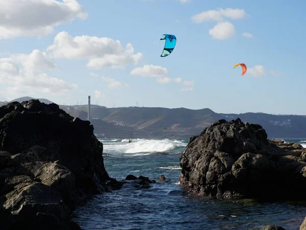 Una Hermosa Vista Del Kitesurf Sobre Mar Telde Gran Canaria — Foto de Stock