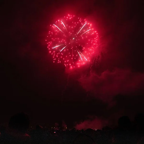 Crowd Enjoying Beautiful Fireworks Night Outdoor Event — Stock Photo, Image