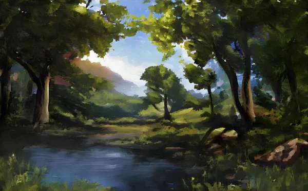 Krásná Ilustrace Jezera Obklopeného Stromy — Stock fotografie