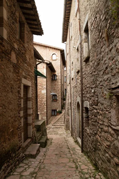 Plano Vertical Callejones Históricos Piedra Con Edificios Antiguos Macerino Italia —  Fotos de Stock